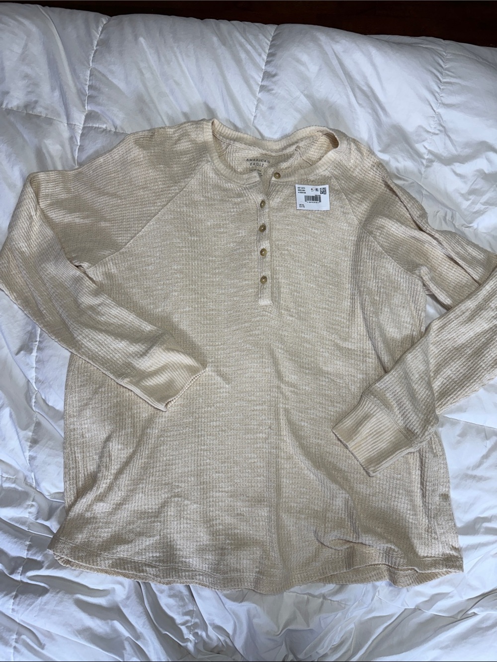 American Eagle Outfitters Cream Waffle Henley Sweatshirt